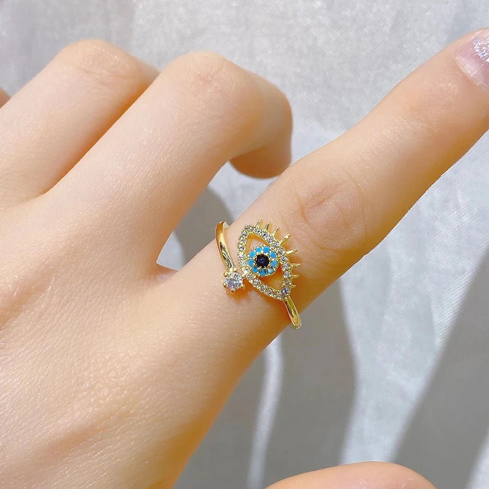 Adjustable Gold and Silver Evil Eye Rings for Women with Crystal Accents - Elegant Fashion Jewelry Accessories