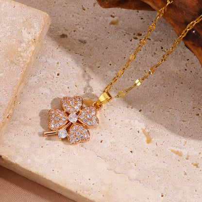 Charming Rose Love Heart & Four-Leaf Clover Pendant Necklace - A Romantic Lucky Amulet for Women