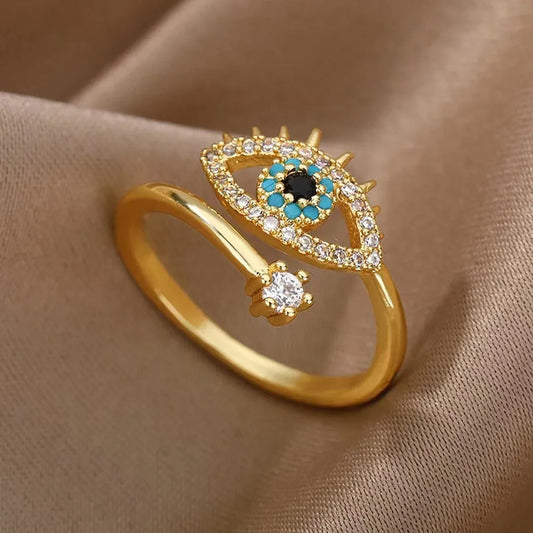 Adjustable Gold and Silver Evil Eye Rings for Women with Crystal Accents - Elegant Fashion Jewelry Accessories
